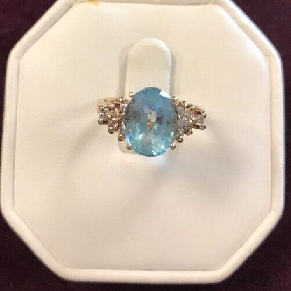 Vintage 10K Yellow Gold Blue Topaz Waterfall Diamond Engagement Anniversary Ring