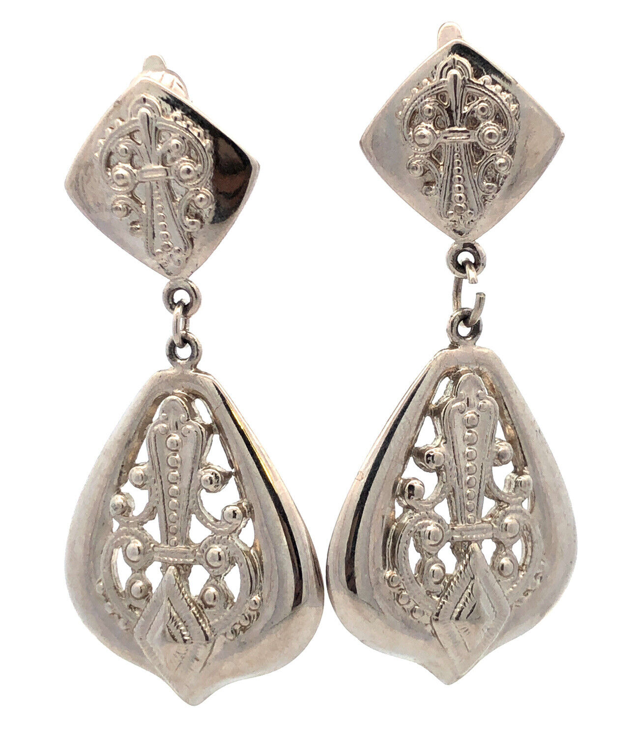 Estate Trifari Silver Tone Fleur De Lis Double Drop Statement Clip On Earrings