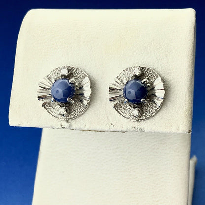 Mid Century 14K White Gold Blue Star Sapphire Diamond Textured Stud Earrings