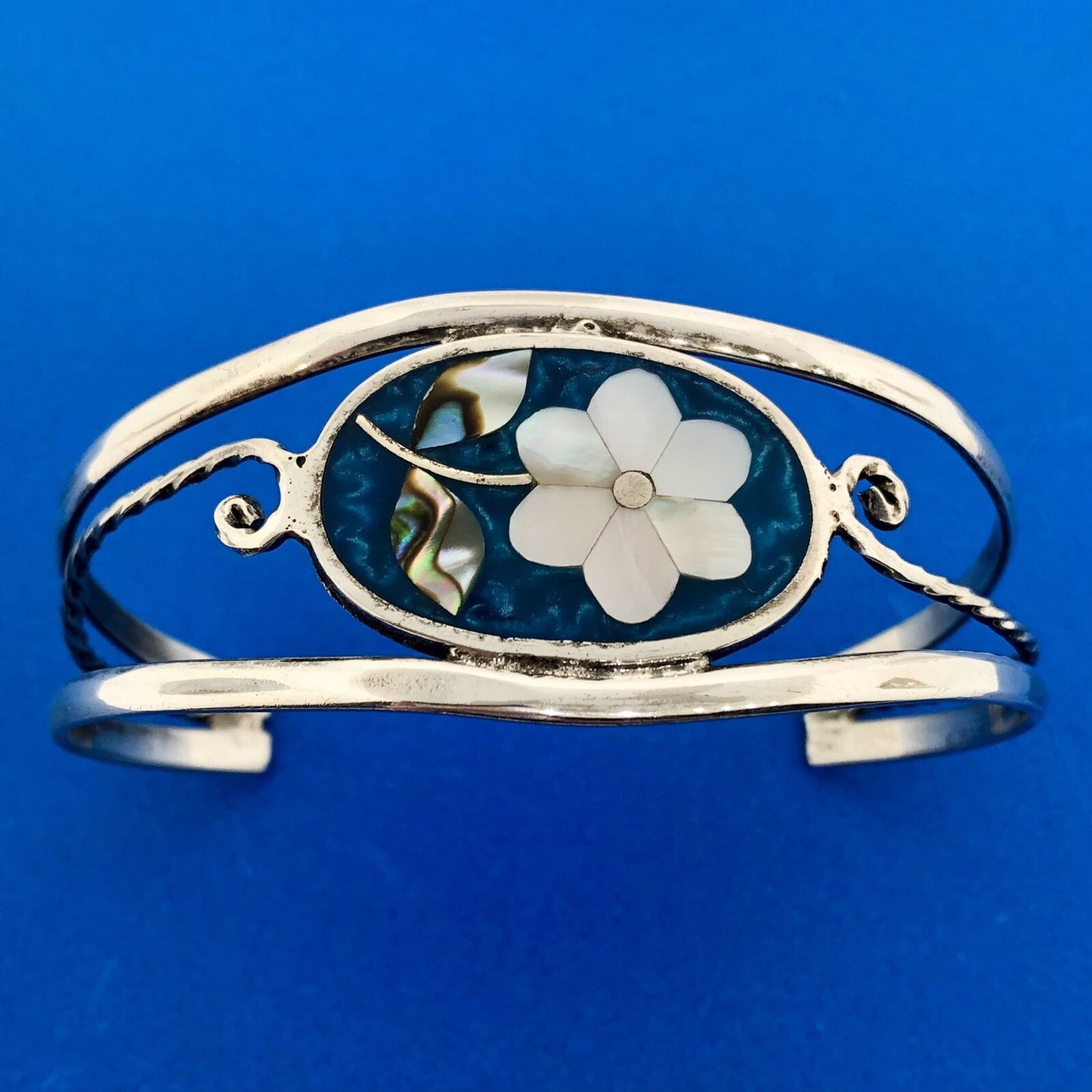Alpaca Mexican Silver Plated Mother of Pearl Flower Inlay 6.25" Cuff Bracelet
