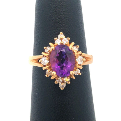 14K Yellow Gold Amethyst Diamond Halo Starburst Cluster February Cocktail Ring