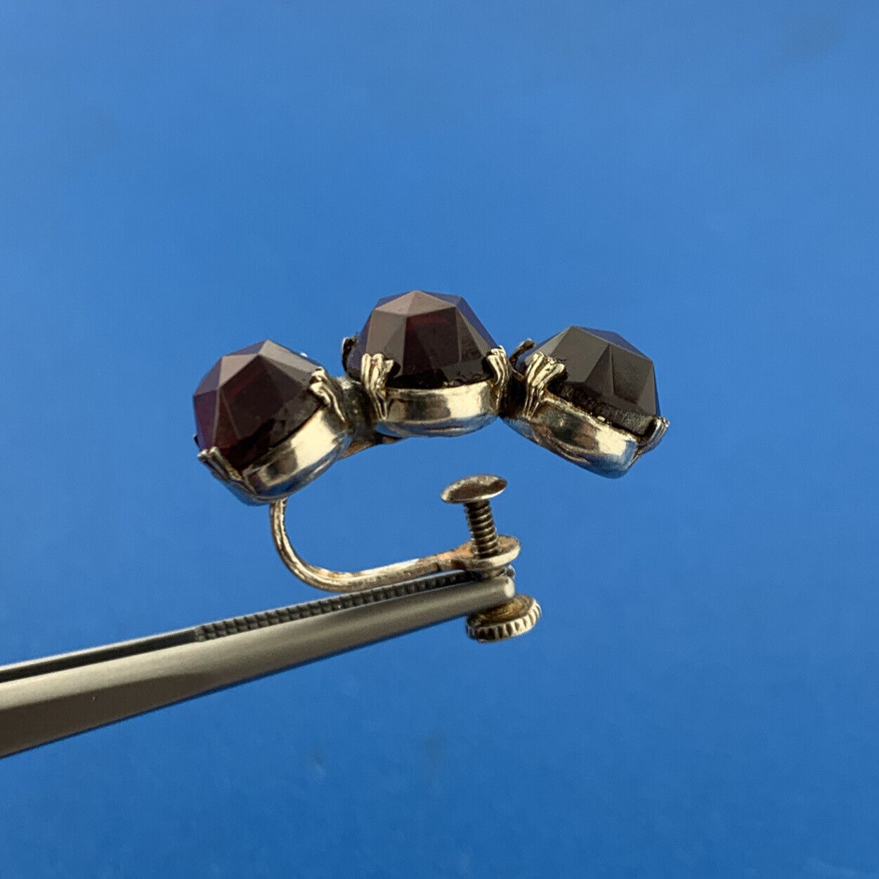 Mid Century 925 Sterling Silver Red Glass Statement Screw Back Stud Earrings