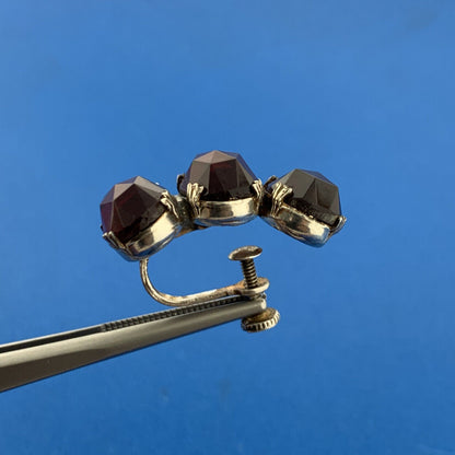 Mid Century 925 Sterling Silver Red Glass Statement Screw Back Stud Earrings