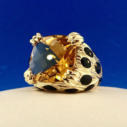 Retro Citra Trading CIT 14K Yellow Gold Citrine Black Enamel Statement Ring