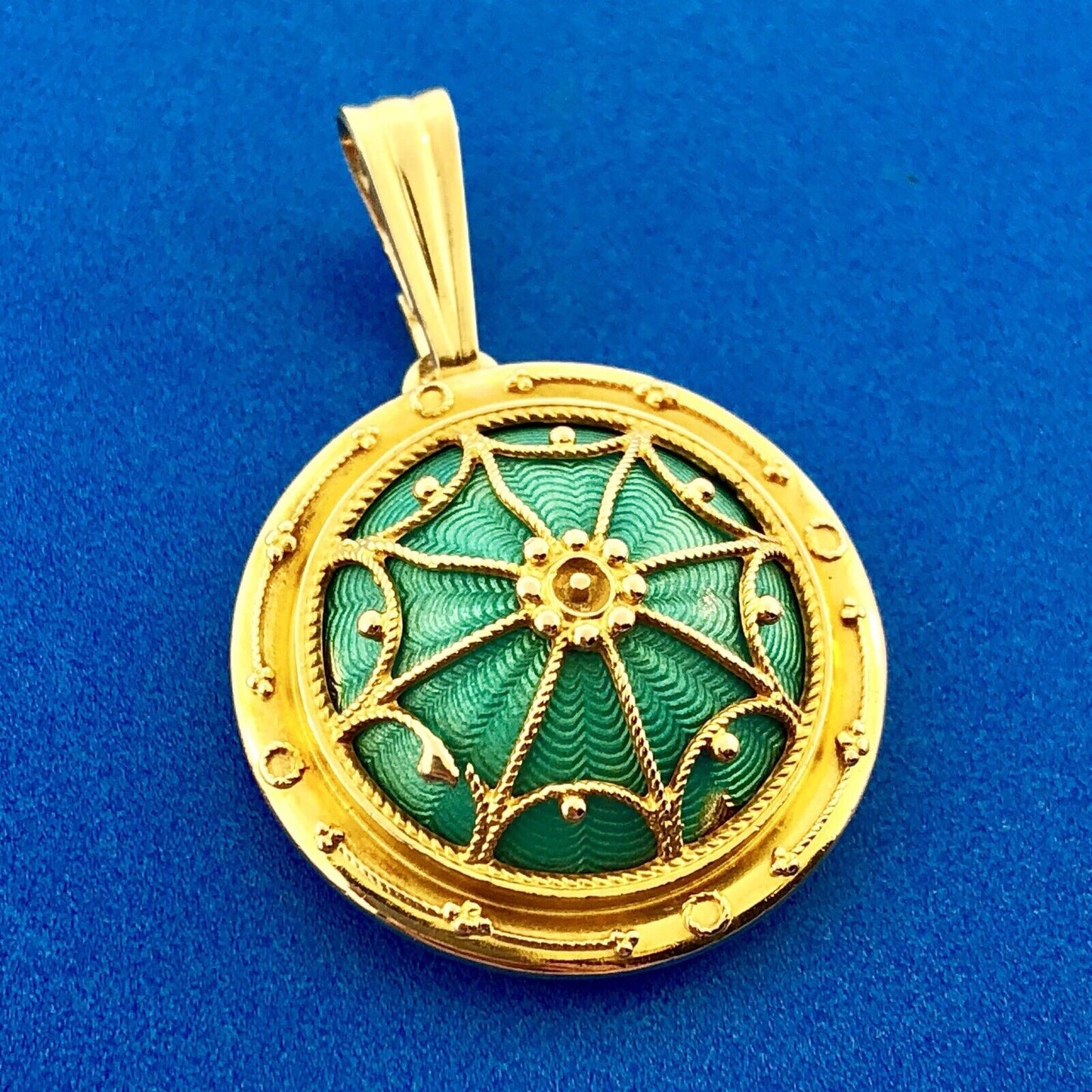 Art Nouveau Art Deco 14K Yellow Gold Aqua Turquoise Guilloche Enamel Pendant