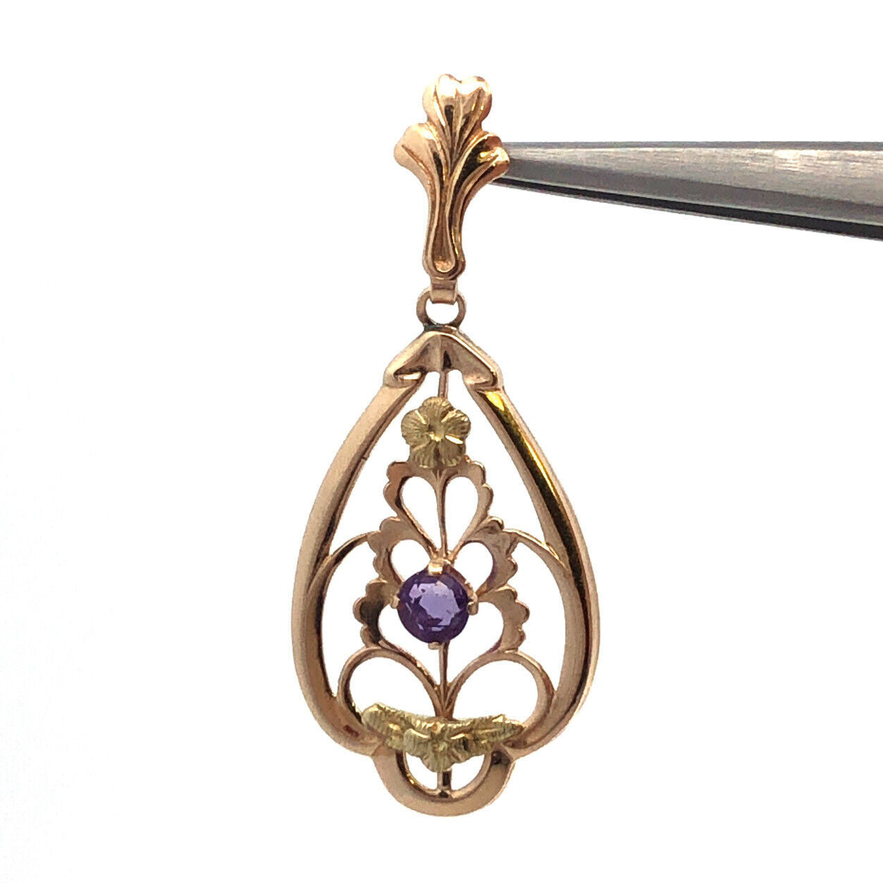 Designer Memco 10K Yellow Gold Round Amethyst Floral Floral Oval Pendant