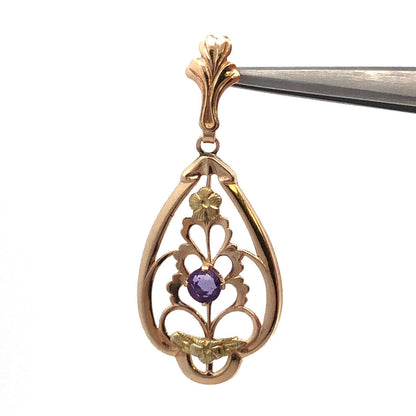 Designer Memco 10K Yellow Gold Round Amethyst Floral Floral Oval Pendant