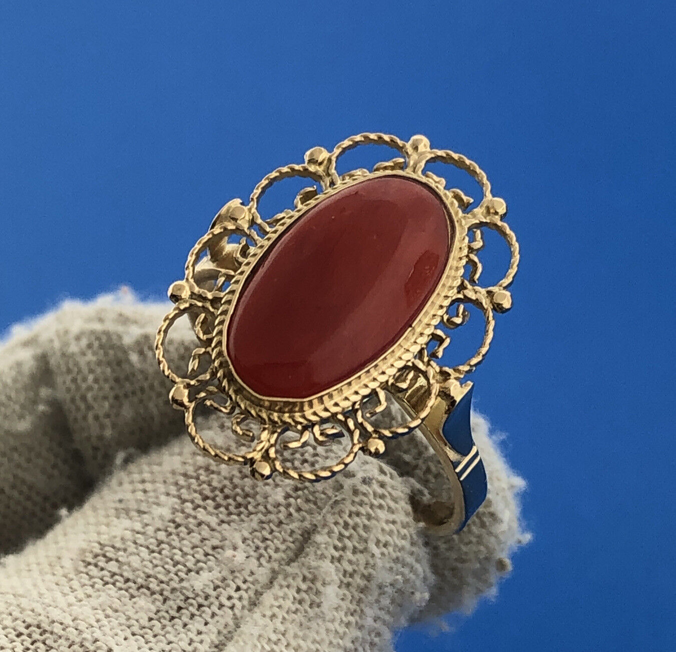 Designer 14K Yellow Gold Oval Red Coral Cabochon Filigree Cocktail Ring