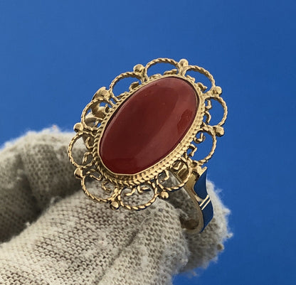 Designer 14K Yellow Gold Oval Red Coral Cabochon Filigree Cocktail Ring