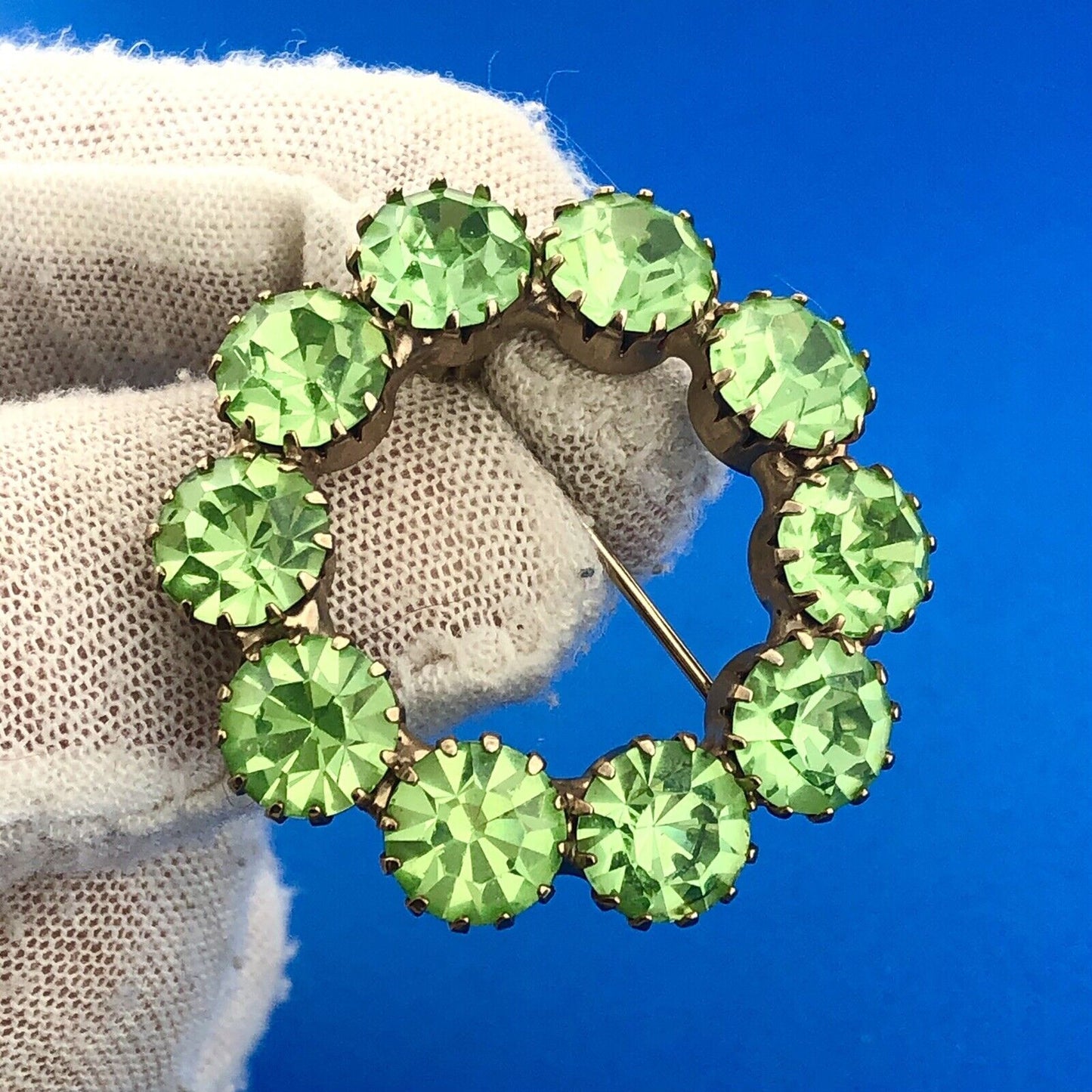 Estate Gold Tone Chartreuse Lime Green Rhinestone Pin Brooch Clip Earrings Set