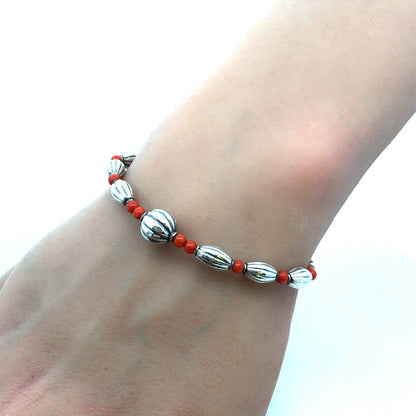Designer STG 925 Sterling Silver Red Coral Textured Beaded Bracelet