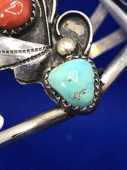 Old Pawn 925 Sterling Silver Squash Blossom Turquoise & Coral Open Cuff Bracelet