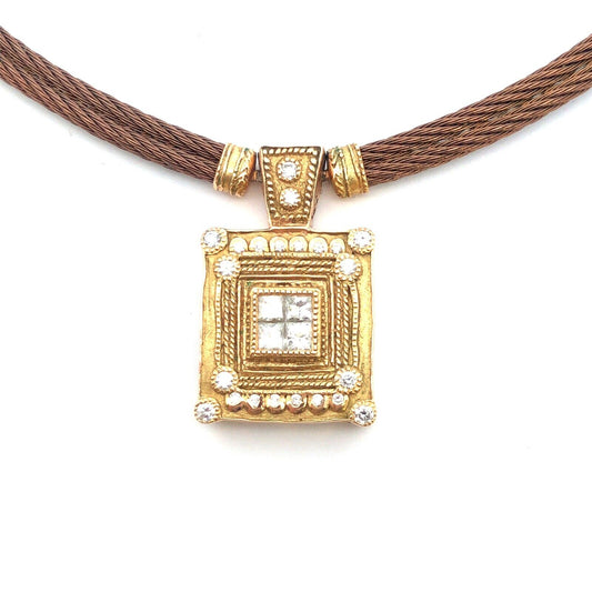 Designer Philippe Charriol 18K Yellow Gold Brown Steel Diamond Pendant Necklace