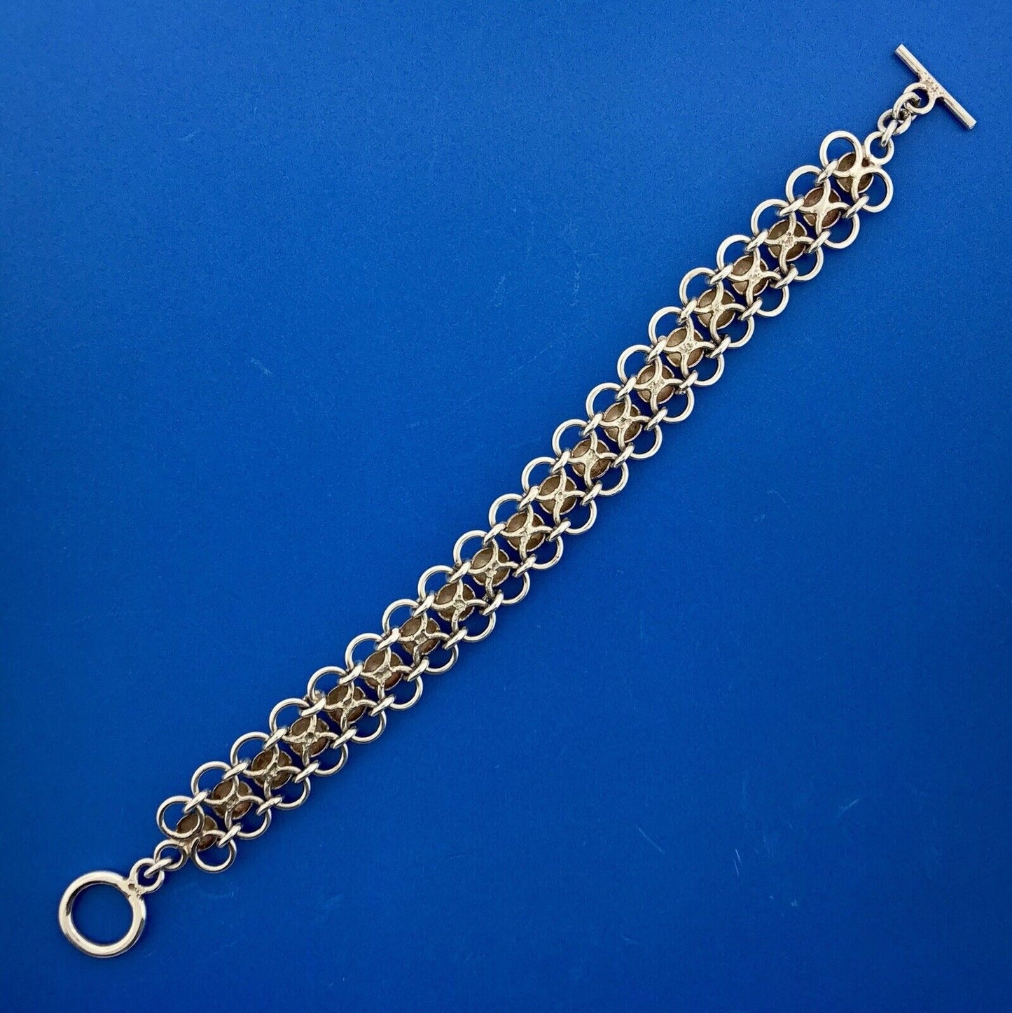 Vintage Sterling Silver 925 Bead Ball Open Work Statement Toggle Bracelet