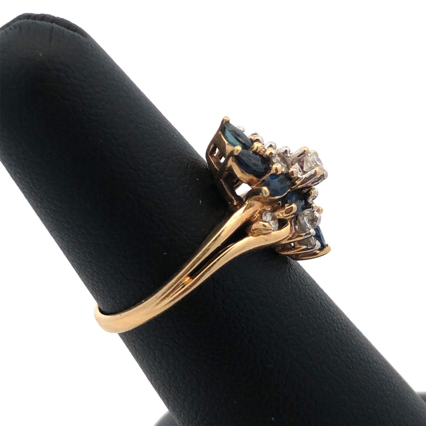 Designer 14K Yellow Gold Diamond Sapphire Wave Waterfall Cluster Cocktail Ring