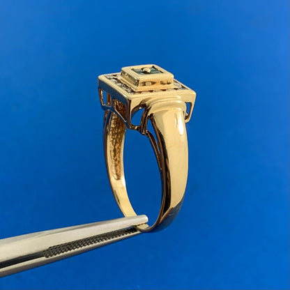 Designer 14K Yellow Gold Princess Quad Emerald Channel Set and Diamond Halo Ring