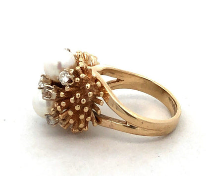 Designer EAG 14K Yellow Gold Round Pearl Diamond Textured Dome Statement Ring