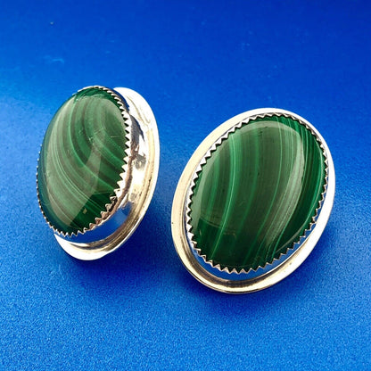 Native American Artisan Sterling Silver Oval Malachite Statement Stud Earrings