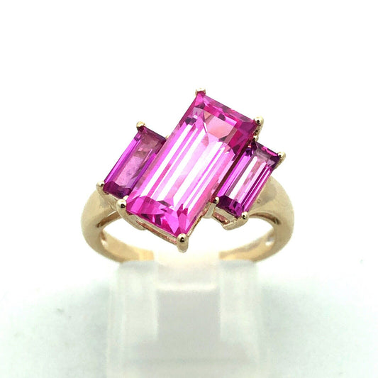 Designer 10K Yellow Gold Rectangle Pink Topaz Trio Modernist Statement Ring