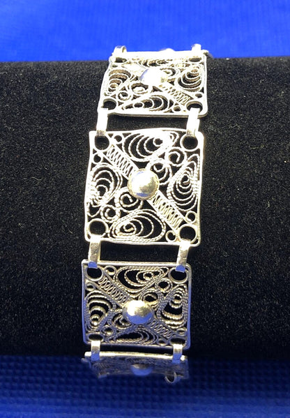 Vintage 925 Sterling Silver Beaded Filigree Delicate Square Panel Bracelet