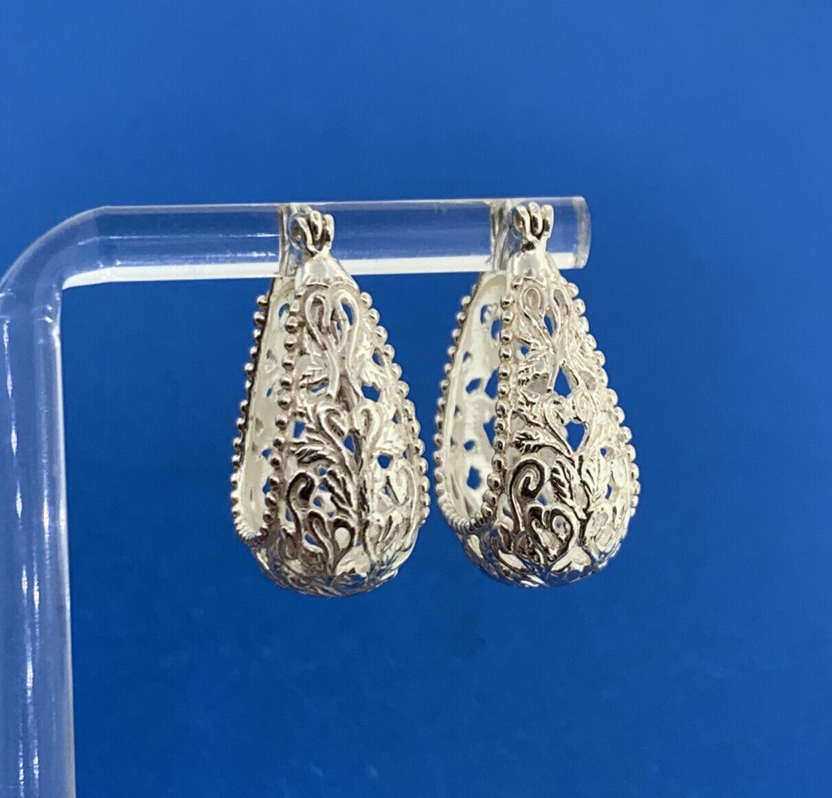 Silver Plated Floral Vine Scroll Open Work Statement Pear Hoop Earrings
