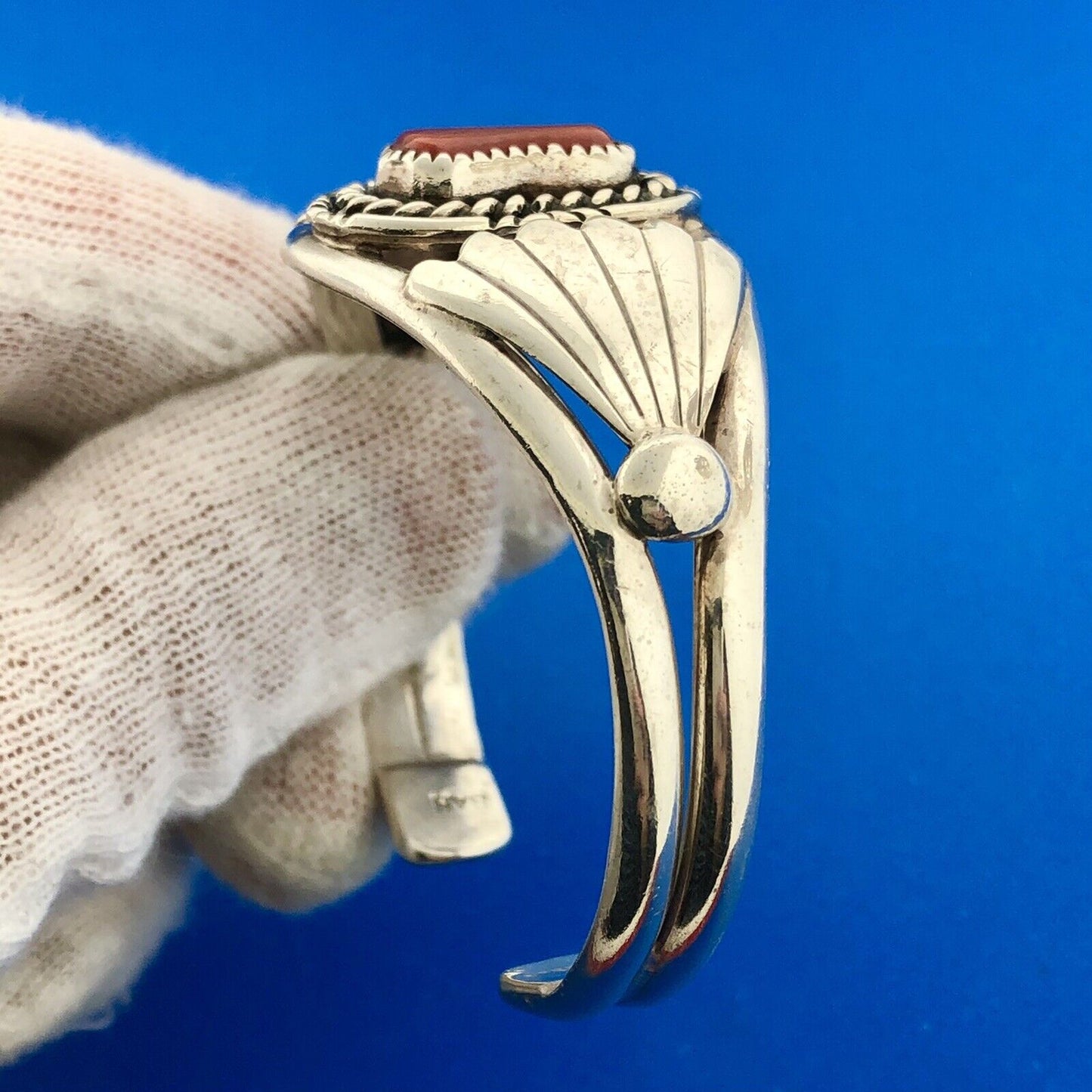 Designer BAH Sterling Silver 925 Cabochon Coral Native American 6" Cuff Bracelet