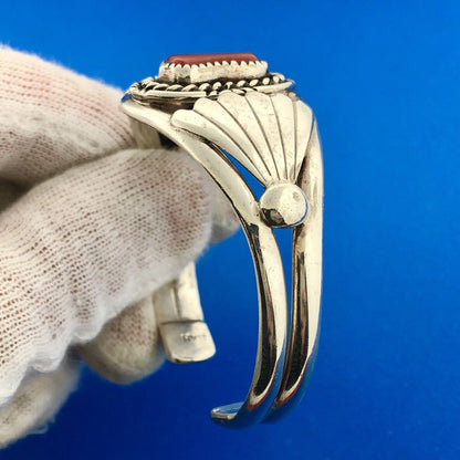 Designer BAH Sterling Silver 925 Cabochon Coral Native American 6" Cuff Bracelet