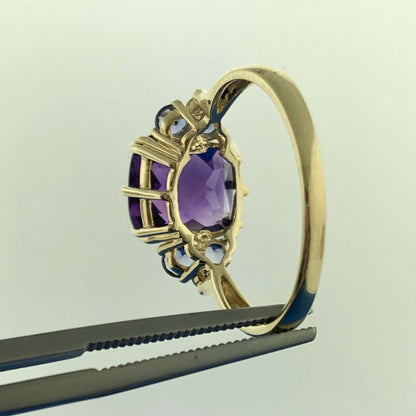 Designer 14K Yellow Gold Amethyst Tanzanite Diamond February Anniversary Ring