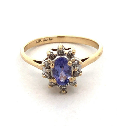 Designer AV 10K Yellow Gold Oval Tanzanite Diamond Halo Cocktail Ring