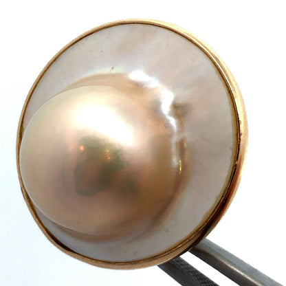 Designer 14K Yellow Gold Mabe Pearl Round Statement Dome Stud Earrings