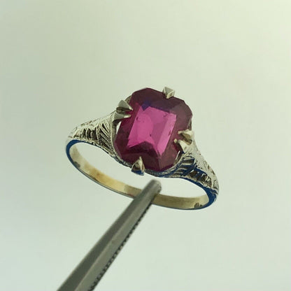 Gorgeous 14k White Gold Radiant Cut Ruby Openwork Filigree Dome Ring Size 7