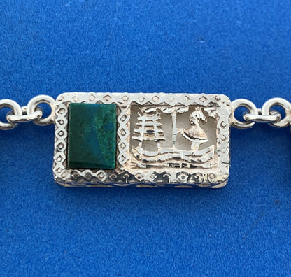 Vintage 925 Sterling Silver Malachite Aztec Incan Village Scene Panel Necklace