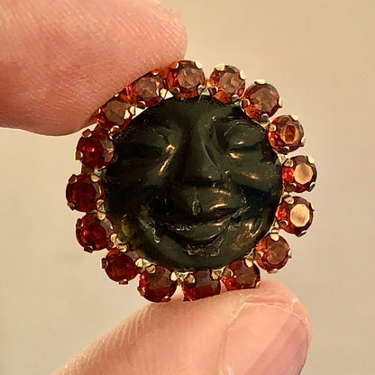 Art Deco Unusual 10K Yellow Gold Citrine Halo Carved Black Resin Cameo Pendant