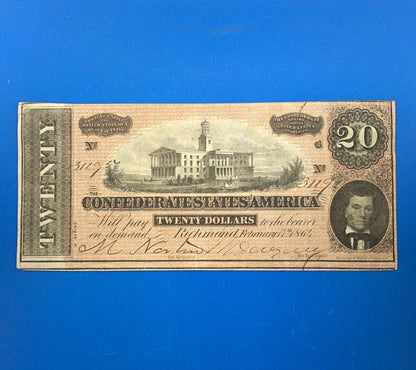 1864 $20 Twenty Dollars Confederate States of America CSA Last Issue T-67 Curren