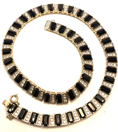 Gold Tone Black Onyx Rhinestone Collar Statement Necklace
