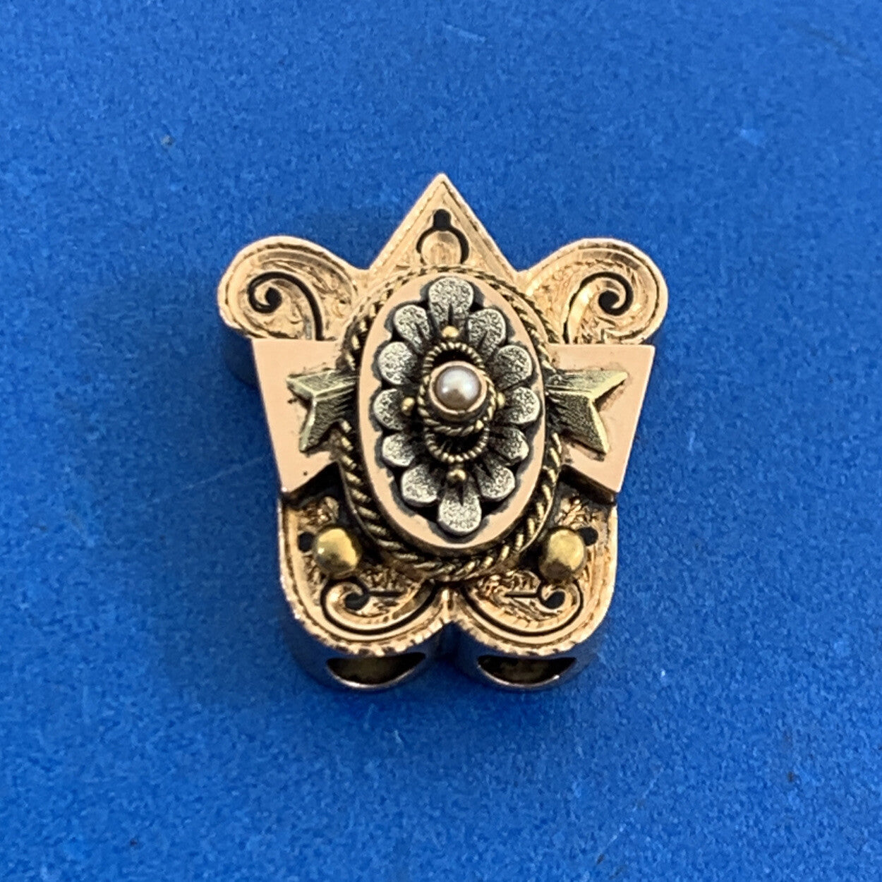 Vintage 14K Yellow Gold Seed Pearl Black Enamel Statement Slide Bracelet Charm