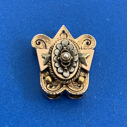 Vintage 14K Yellow Gold Seed Pearl Black Enamel Statement Slide Bracelet Charm