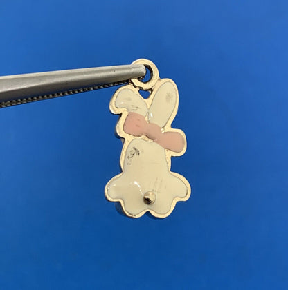 Vintage 10K Yellow Gold White and Pink Enamel Baby Girl Bunny Charm Pendant