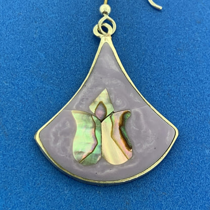 Vintage Mexican Alpaca Silver Abalone Purple Enamel Drop Dangle Earrings