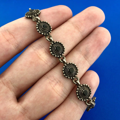 Charming Silver Tone Black Onyx Cabochon Floral Petite Bead Panel Bracelet