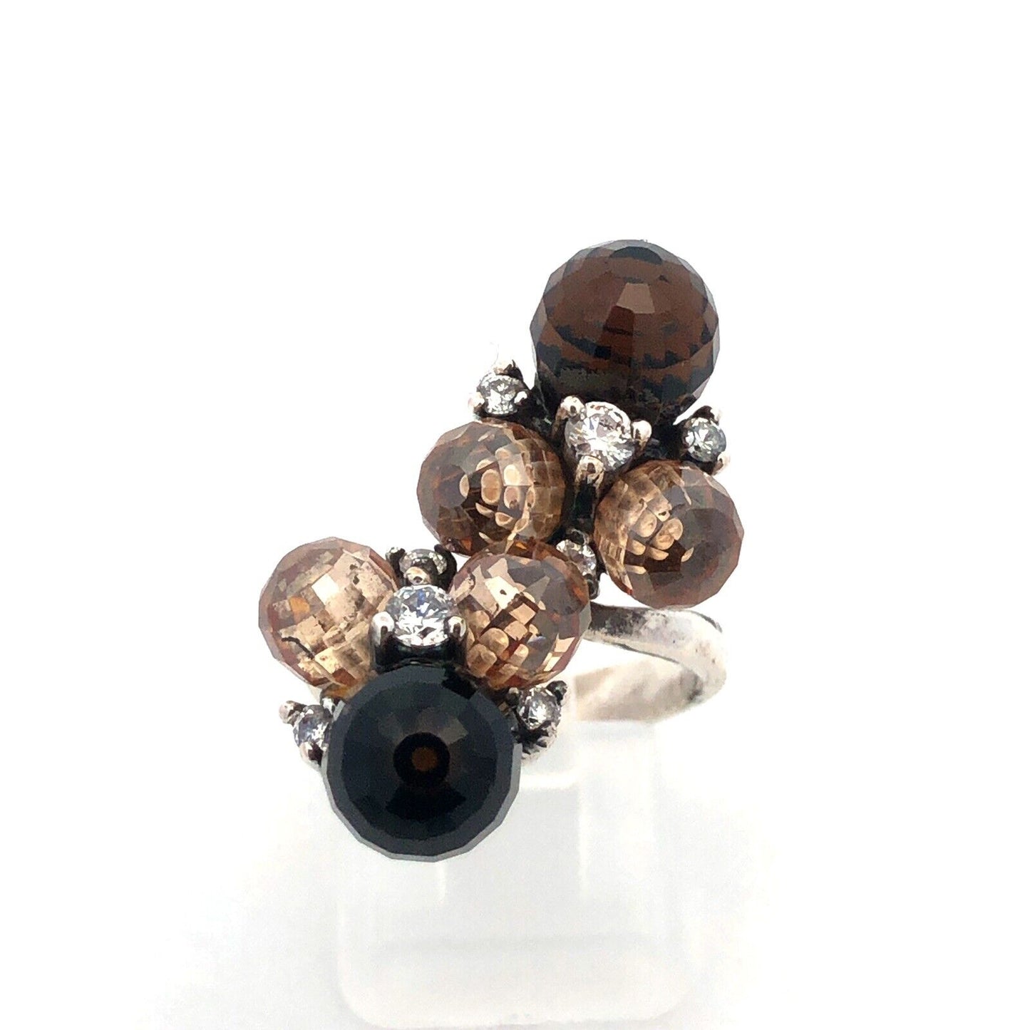 Vintage 925 Sterling Silver Faceted Brown White Cubic Zirconia Ball Cluster Ring
