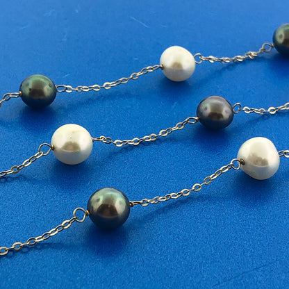 Designer 14K Yellow Gold Black And White Pearl Station Oval Link Necklace