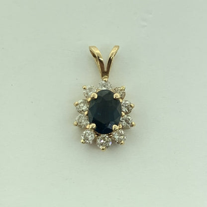 14K Yellow Gold Oval Blue Sapphire Diamond Halo Pendant