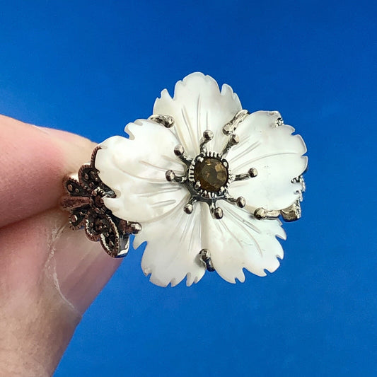 Sterling Silver Citrine Marcasite Mother of Pearl Flower Butterfly Ring Size 9