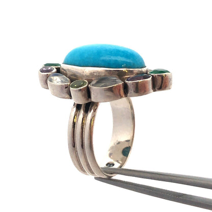 Designer NB India 925 Sterling Silver Oval Turquoise Multi-stone Statement Ring