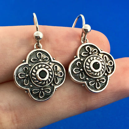 Vintage 925 Sterling Silver Black Onyx Floral Scroll Drop Dangle Earrings