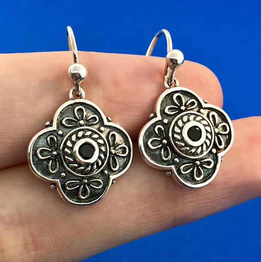 Vintage 925 Sterling Silver Black Onyx Floral Scroll Drop Dangle Earrings