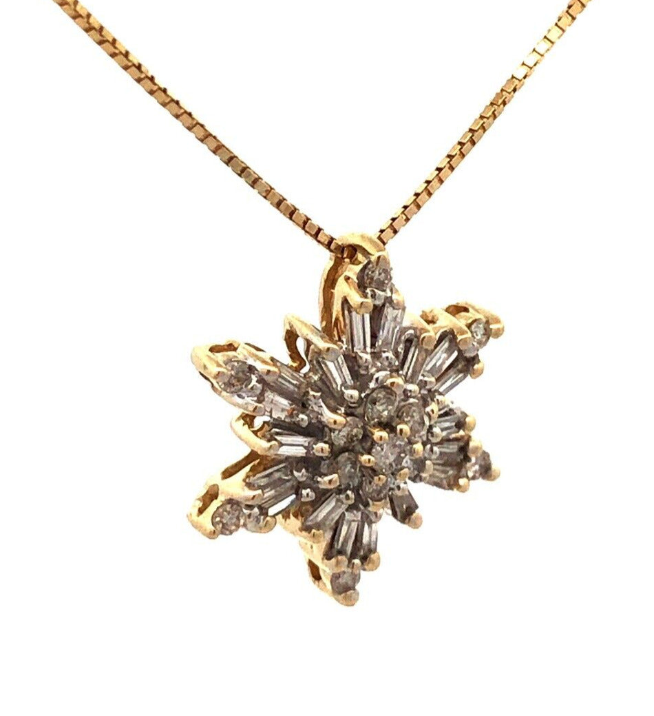 Designer AOL 14K Yellow Gold Baguette Diamond Cluster Snowflake Pendant Necklace