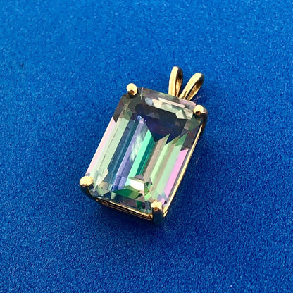 Gorgeous 10k Yellow Gold Emerald Cut Mystic Topaz Precious Statement Pendant