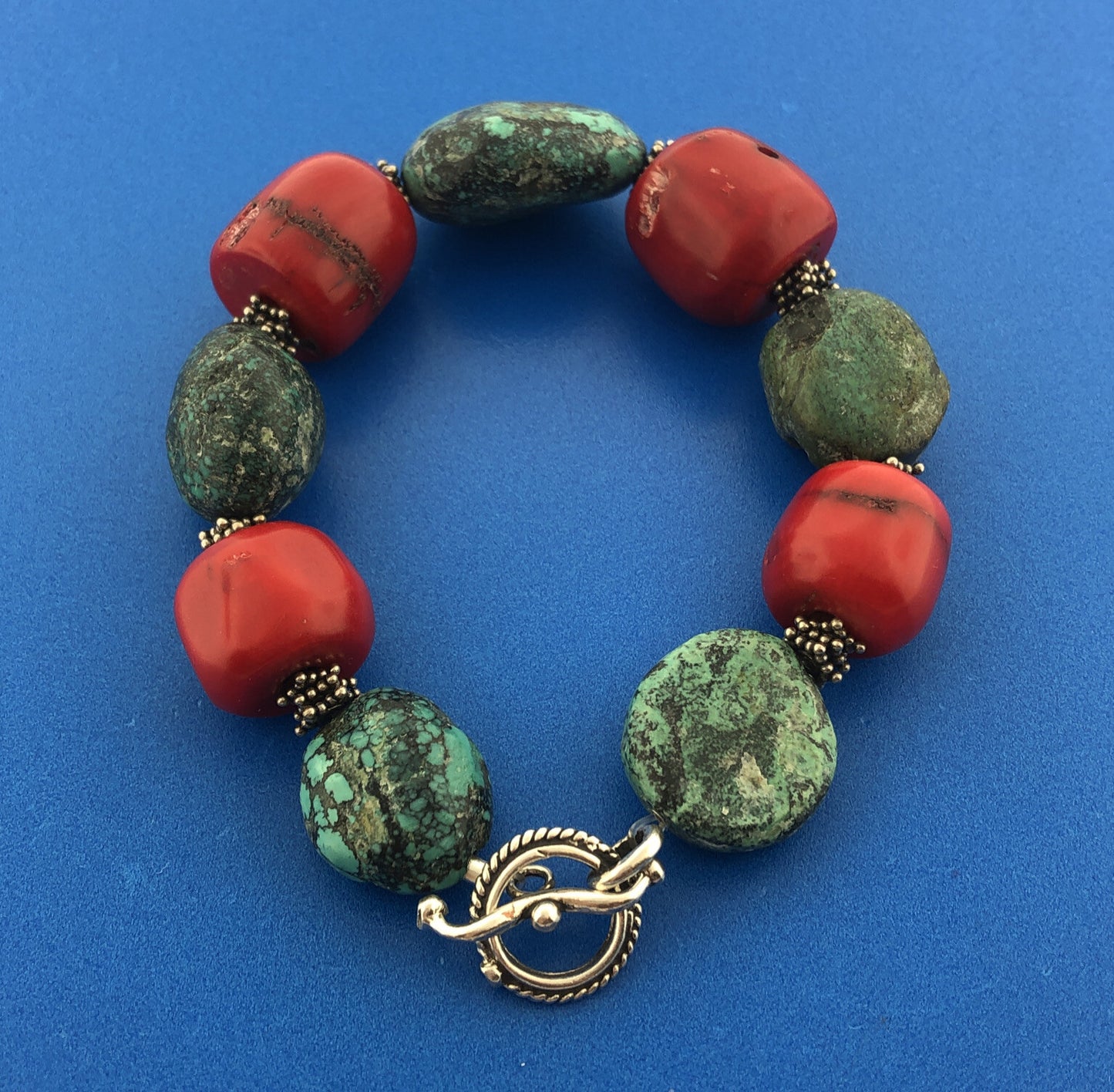 Sterling Silver 925 Chunky Coral Turquoise Bead Toggle Bracelet